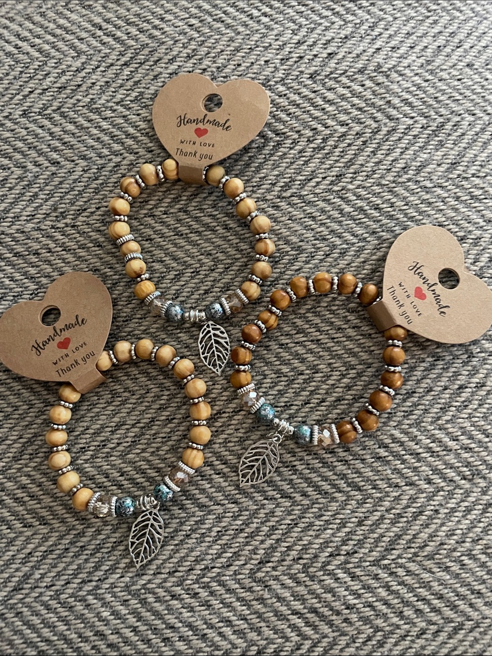 Handmade Brown Wooden Bead Bracelet with Leaf Charm